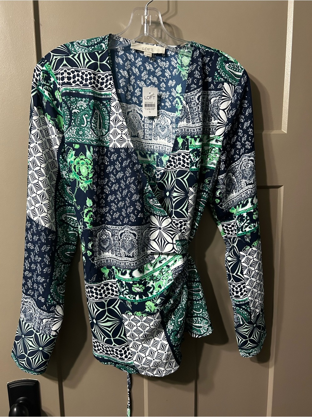 LOFT Green & Navy paisley patchwork  Printed Wrap Top blouse